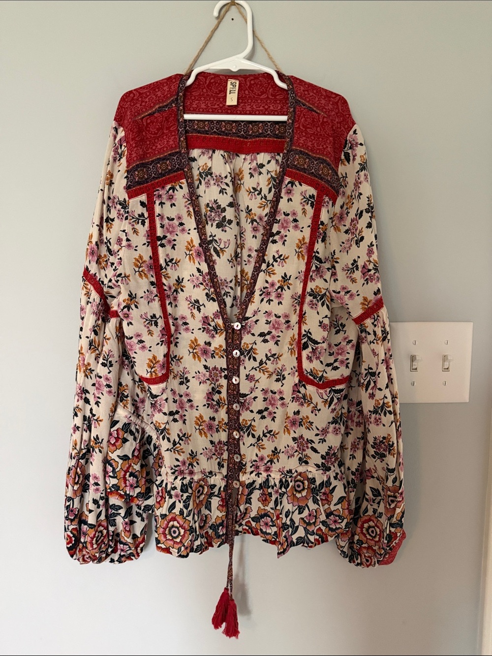 Spell Floral Button-Front Boho Blouse in Cream and Red